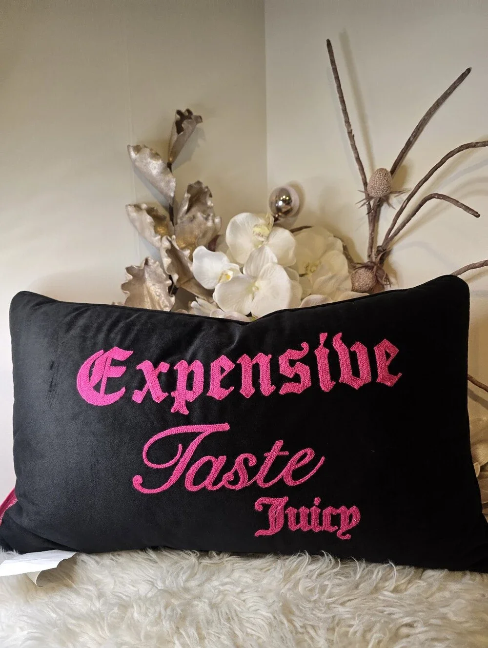 Juicy Couture  Velour hot pink Accent Decor Pillow Approximately 21” x 11” x 7”